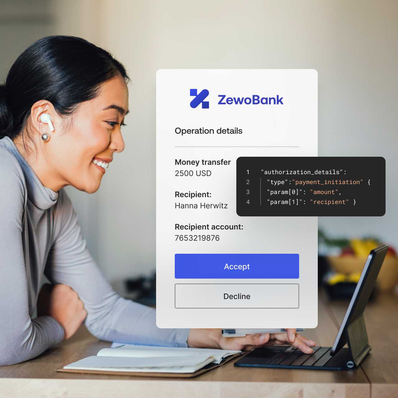 Image of ZewoBank operation details overlaying image of woman at desk with earphones on taking a call from a smart tablet.