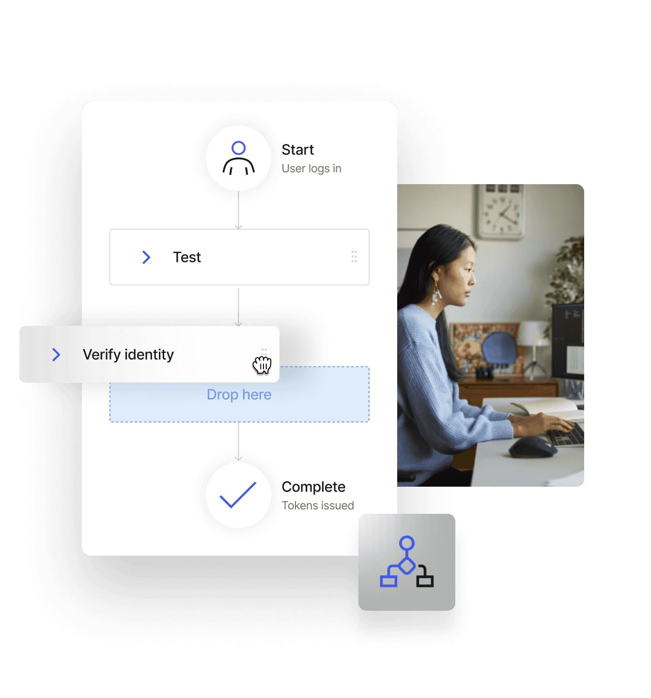 A mock-up of a verification screen layered on top of an image of a woman typing on a keyboard in her in-home office