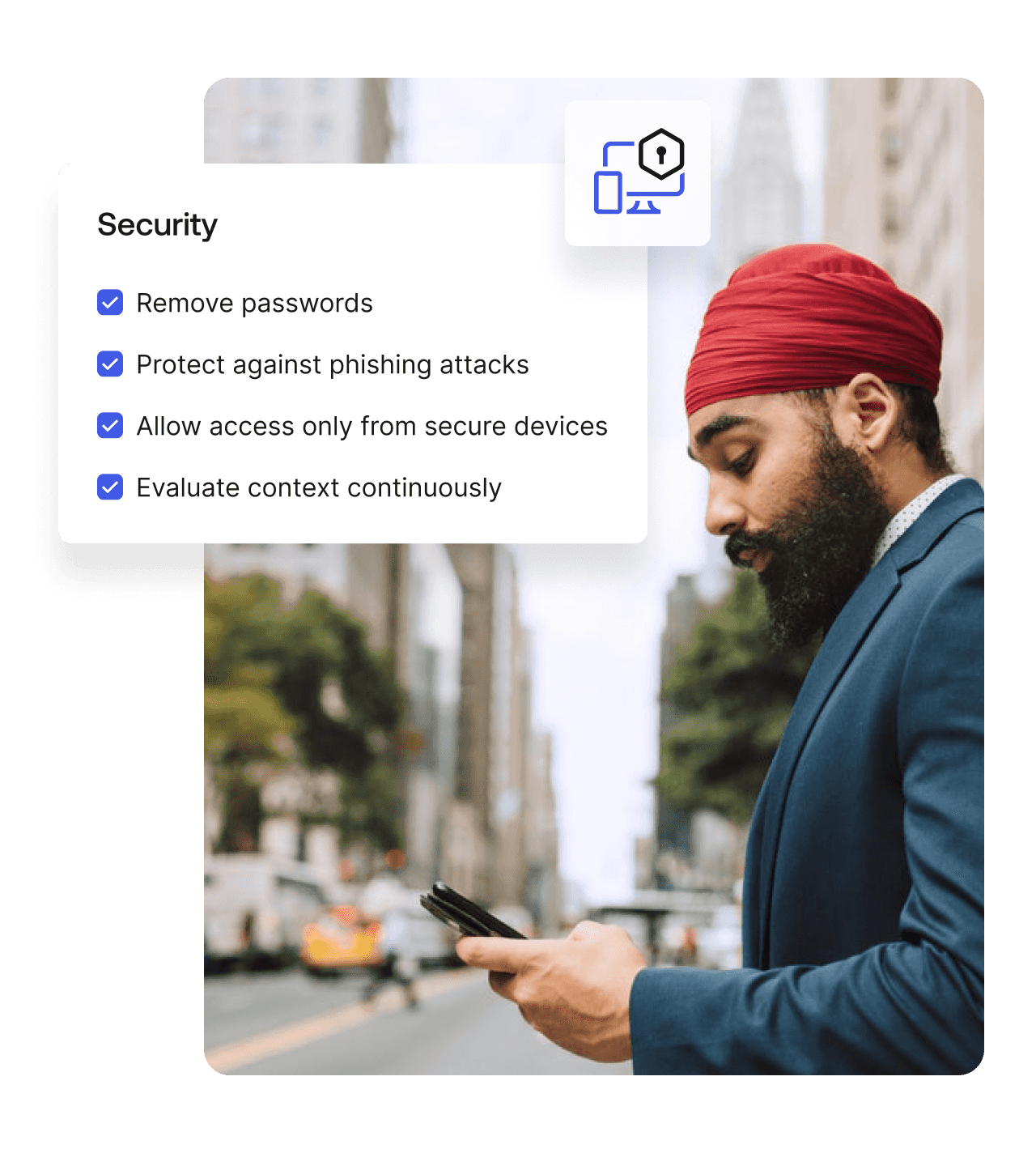 Display of Okta security features overlapping an image of a man on his phone.