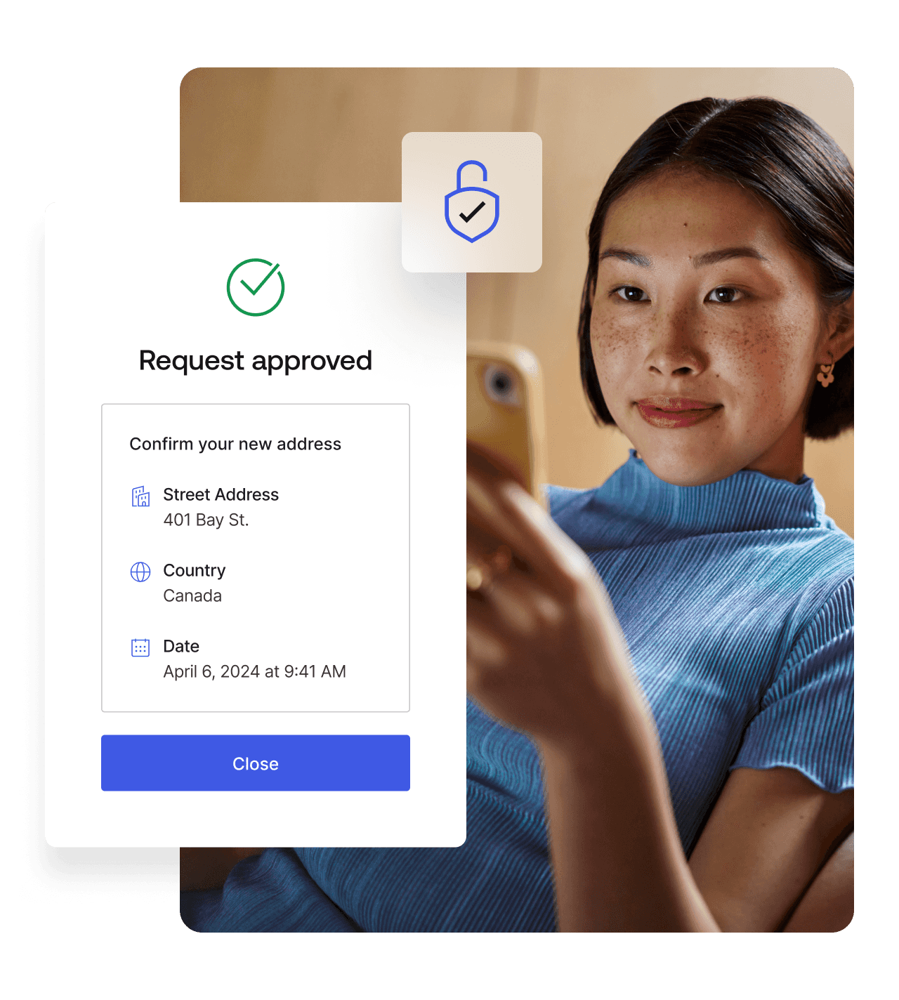 Screenshot of location verification request overlaying a woman sitting and looking at a smartphone