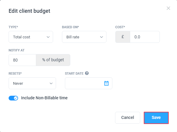 A screenshot of Hubstaff's client budget menu