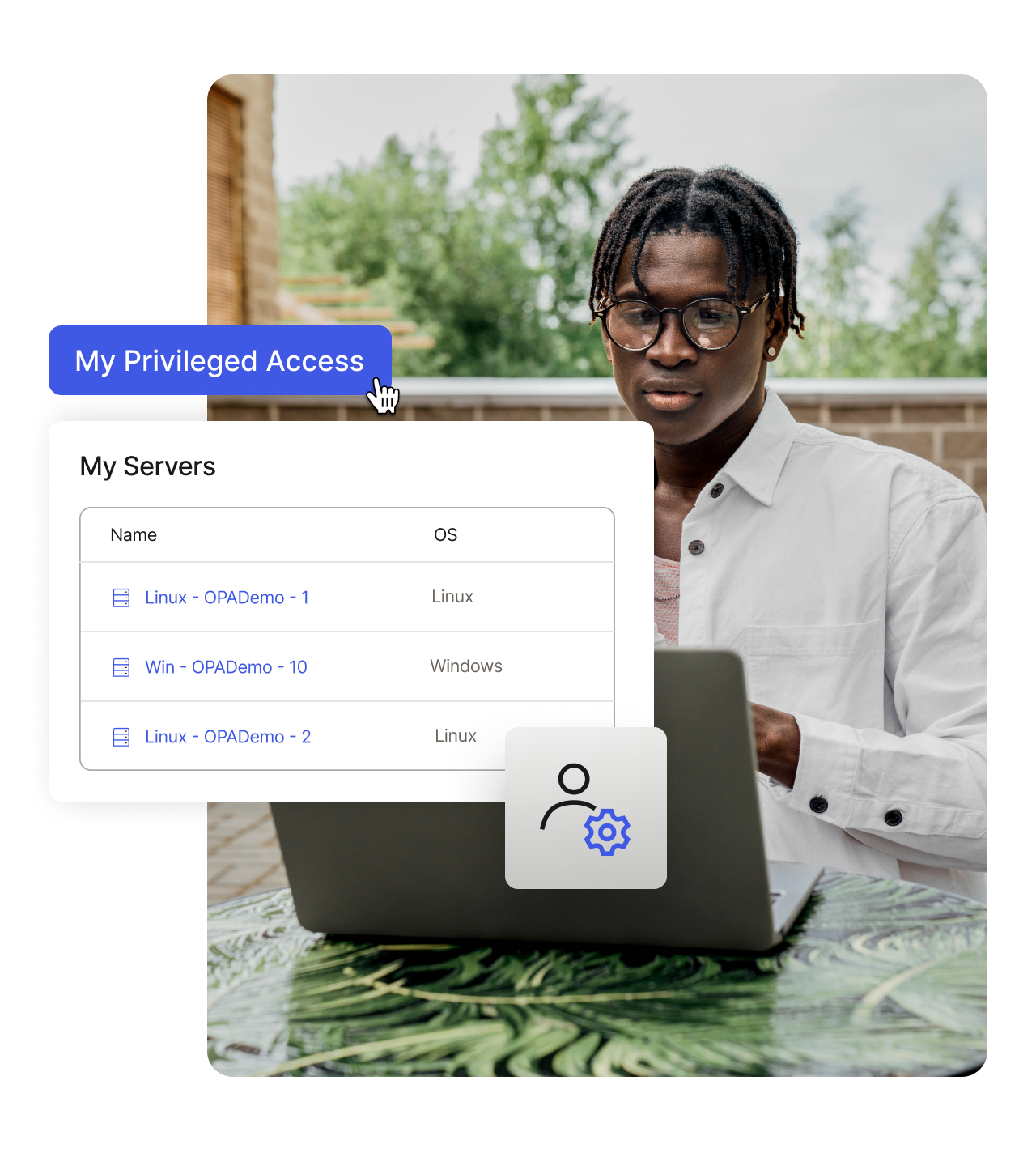 Video navigating how to use Okta privileged access overlapped by an image of a man looking at his laptop.